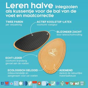 2 Paar Ademende Leren Halve Inlegzolen met Actieve Kool voor Voorvoet Comfort (9101150066708)